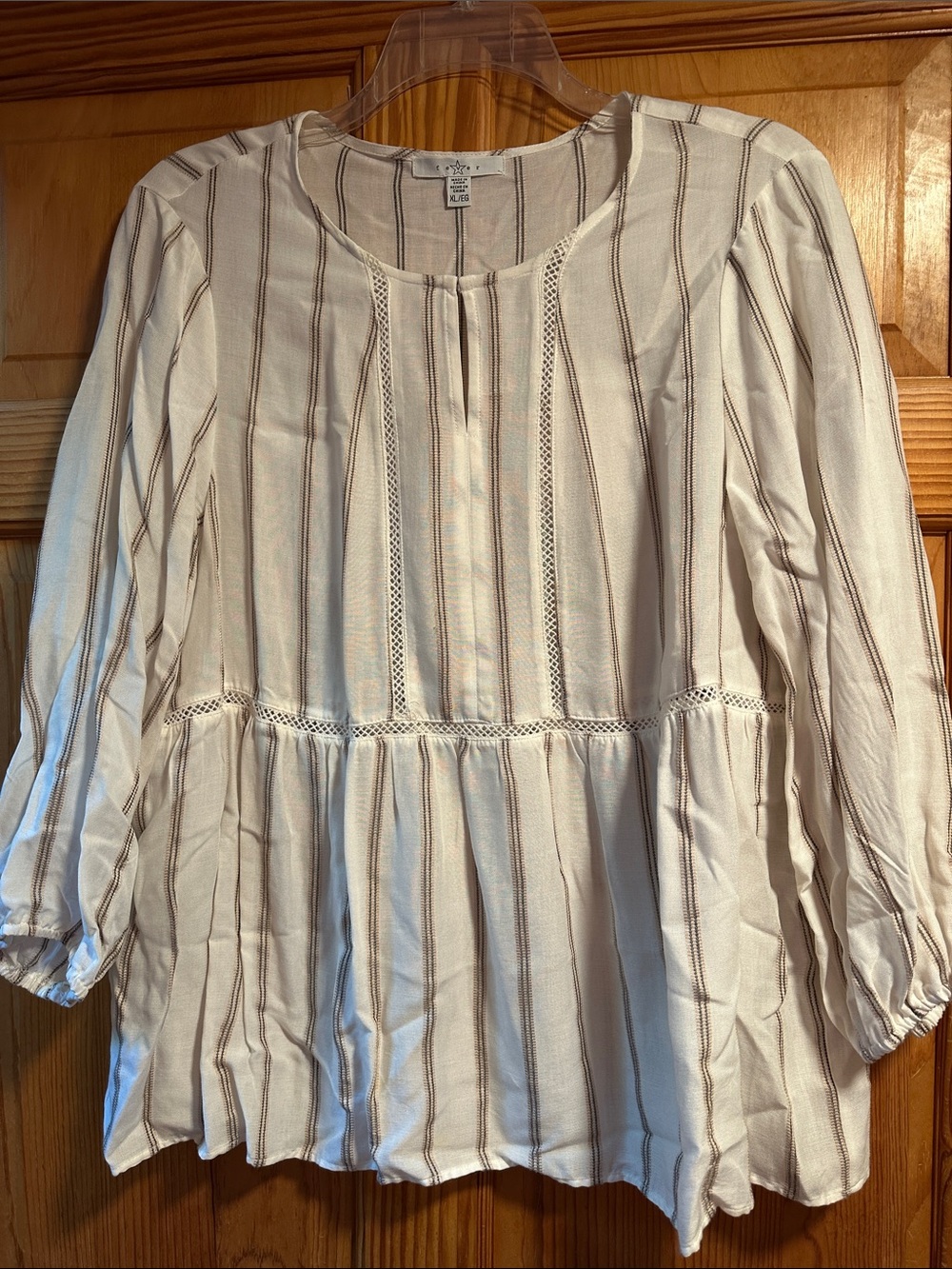 Fever Cream Striped Peasant Tunic with Brown Stripes
